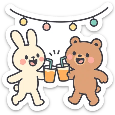 full-body bunny and bear clinking juice cups under string lights, pastel-toon style sticker