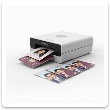 realistic thumbnail for a passport size photo printing service, with a printer and several passport photos arranged neatly beside it, on a white background sticker