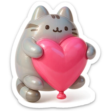 Pusheen hugging a big heart, pastel colors, adorable, balloon style sticker