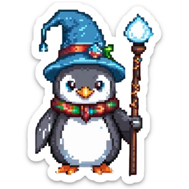penguin wizard with a pointy hat and magic staff sticker