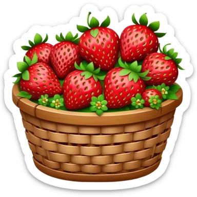 Cinematic ripe strawberrie, deep red, glossy with tiny seeds, green leaves still attached, gathered in a rustic basket, warm glowing background, fresh and sweet. sticker