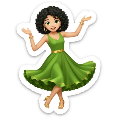 a woman with olive skin tone and curly black hair wearing green and dancing. full body, disco pose sticker