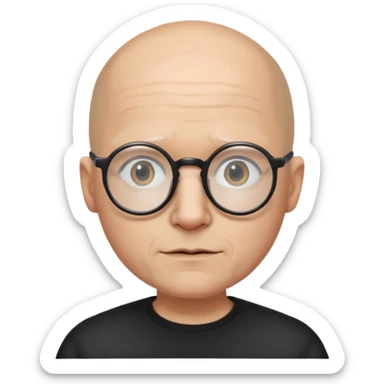 a guy who looks like kirby with a very round head, white skin and glasses almost bald, with like black glasses sticker