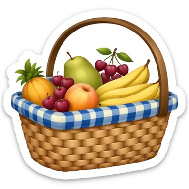 blue plaid lining basket with both food, drink and fruits sticker