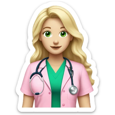 pale blonde girl with long wavy hair and green eyes wearing pink scrubs and stethoscope  sticker