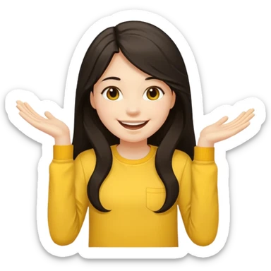 girl on a laptop, long dark hair white skin and yellow shirt long sleeves, smiling sticker