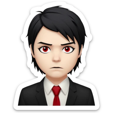 🎨 Classic Emoji — Gerard Way (Revenge Era)
Round, simplified emoji style
Pale skin tone
Jet-black, shoulder-length hair messy and emo
Heavy eyeliner and slight red shadow under the eyes
Subtle serious / melancholic expression
Hint of red tie visible on black button up shirt.
Transparent background sticker