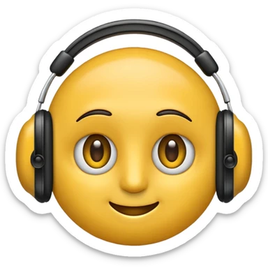 Ein gelber runder Emoji der die Augen geschlossen hat. Total im moment. Glücklich, leichtes lächeln. Verträumt. Leichtigkeit. Freiheit. Overearkopfkörer auf und im hintergrund kleine musiknoten sticker
