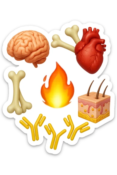 EMOJI STILE IPHONE 3D DI cervello, ossa, cuore, porzione di epidermide e cellule di anticorpi che girano in tondo, al centro di questi elementi c'è una fiamma 3d  FALLO MOLTO REALISTICO IN 3D sticker