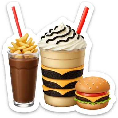 Crea una escena estilo restaurante que incluya: una 🍔 hamburguesa jugosa, un 🥤 frappé de galleta oreo en vaso de vidrio con popote, 🍟 papas fritas sticker