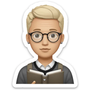 A man in his 20s wearing an apnotebook, wearing radio earrings, round glasses, achromatic clothes sticker