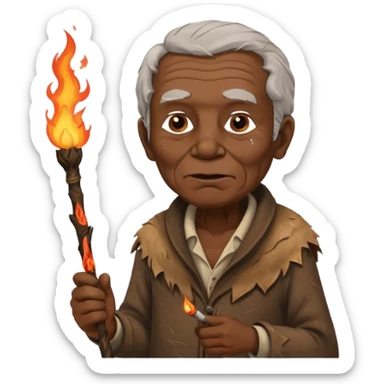 ancient africa old man, tattered animal skin cloth, hold fire stick sticker