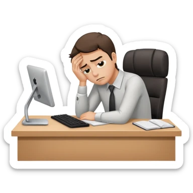 Professional person experiencing burnout, exhausted and overwhelmed, tired eyes, slumped posture, sitting at a desk, iOS emoji style sticker