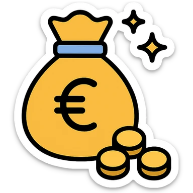 money bag with euro symbol, slight glow, coins spilling out sticker
