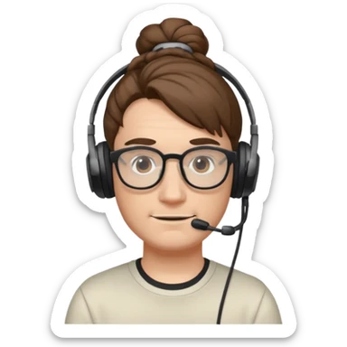 a white male with glasses, long brown hair, hair tied in a bun, and a gaming headset on his head sticker