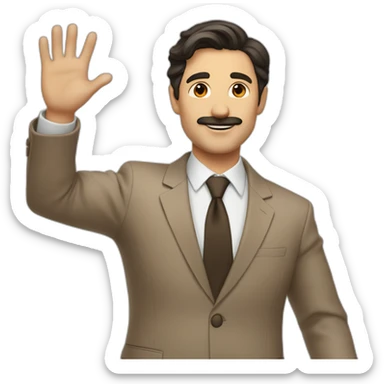 Man with light brown suit, dark hair and small mustache. He waving for a cab sticker