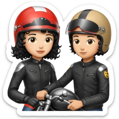 A man motorcyclist and a shorter girl with curly black hair, facing each other. sticker
