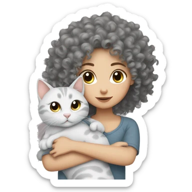 White Girl curly hair cuddling with grey cat sticker
