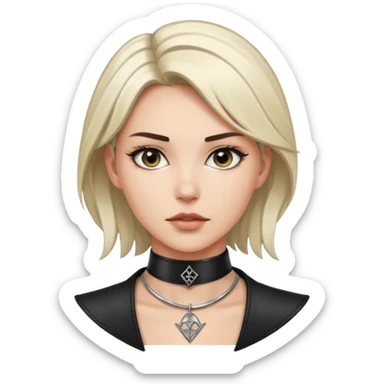 Leather choker with sigil around woman’s neck, pulse visible, dominance tone sticker