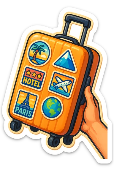 ribbed travel suitcase with handle and wheels, shown at a slight angle or being held in a hand, decorated with colorful travel stickers, retro sticker style with color, bold outlines, sharp shadows and highlights, no smooth gradients sticker