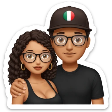 A picture of an embracing tanned couple. the man is a Mexican man with tanned skin, with a bald hair cut wearing a SnapBack hat and a black shirt. the woman has glasses on with long curly dark brown hair and with big boobs.  sticker