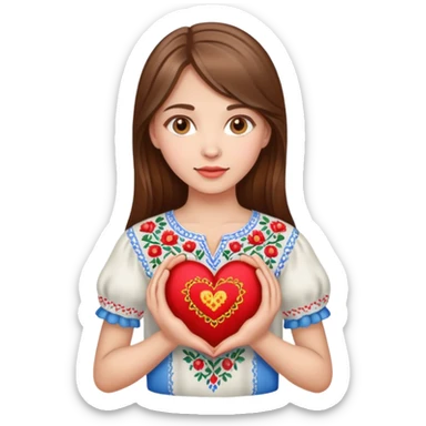 A beautiful young girl with brown hair in a Ukrainian embroidered shirt is holding a large embroidered heart sticker