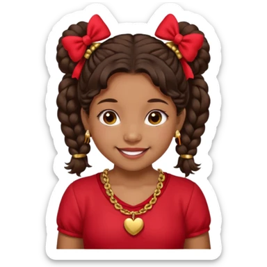 Brownskin girl dark brown hair fluffy. pigtails with red bows brown eyes smiling closed mouth red shirt gold esrrings gold necklace sticker