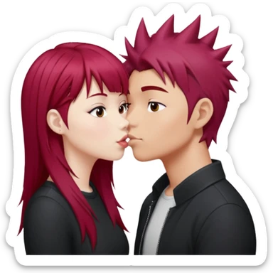 Asian Spiky short red hair  guy kissing white girl with long burgundy hair and bangs  sticker