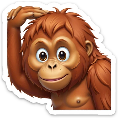 Cinematic Cute Orangutan Portrait Emoji, Head tilted playfully and inquisitively, with a gentle, expressive face accented by soft, flowing fur and round, sparkling eyes brimming with warmth, Simplified yet irresistibly adorable features, highly detailed, glowing with a warm, friendly glow, high shine, affectionate and lively, stylized with a touch of jungle whimsy, bright and endearing, soft glowing outline, capturing the essence of a mischievous yet loving orangutan that seems as if it could swing out of the screen into your arms! sticker