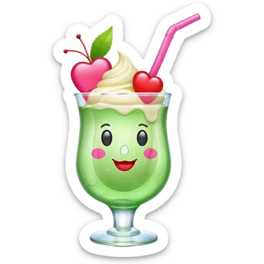 clear emoji-style of a green soda float with ice, vanilla ice cream scoop, two red cherries, pink heart-shaped straw, simple shapes, bright colors, glossy, kawaii style, centered, transparent background
 sticker