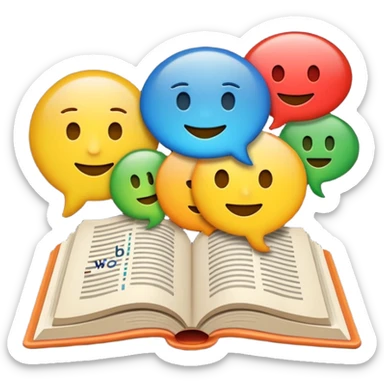 A minimalist emoji-style icon representing wordplay — symbolizing creativity with language. It features an open book or speech bubble merging with playful letters or word fragments, forming a clever visual pun. sticker