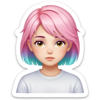Gorgeous anime style tomboy with blushing face aesthetic and pretty colorful shiny gradient pastel hair trending style sticker