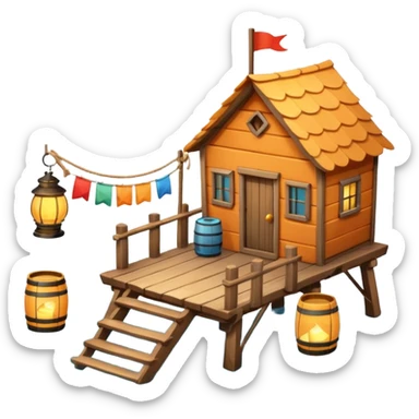 
fisherman house on a wooden pier, small dock, fishing nets hanging, barrels, lantern, ocean vibe, 3D cartoon, cute mobile game icon, clean background, no text
 sticker