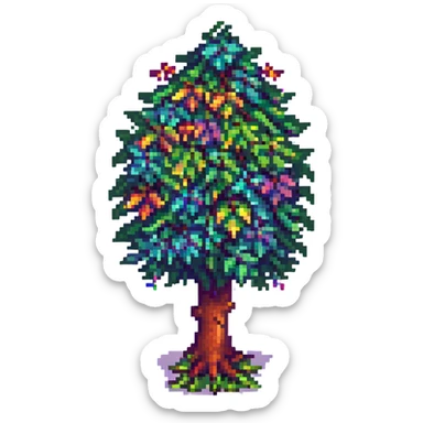 Terraria tree with rainbow leaves representing LGBTQ+ pride, pixel art, bright and cheerful, no text sticker