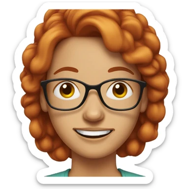 woman in her fifties with red hair tied with a clip and eyeglasses sticker