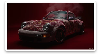 Closeup shot of a porsche 911, body of car made of russian carpet with patterns, red solid studio background, very dark room, top low key light, dutch angle, haze, captured by ARRI 65 sticker