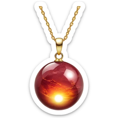 A polished round ball wine granite pendant suspended from a delicate gold chain, like a drop of enchanted starlight, glowing with the warmth of passion and the quiet power of transformation ethereal sticker