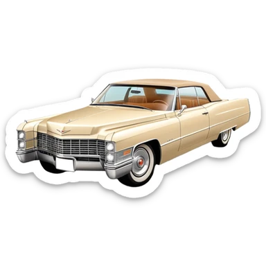 Elegant beige 1966 Cadillac DeVille with sharp details, consistent 30-degree perspective showing front and side, vintage luxury car styling, from Tarantino's Once Upon a Hollywood, iOS emoji style sticker
