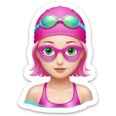 pretty girl with green eyes pink swim cap holographic swimming glasses and cute profesional swimmer pink swimsuit without her hair visible swimming sticker