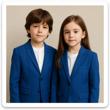 boy and girl together, both in cobalt blue suits, brown hair, neutral background sticker