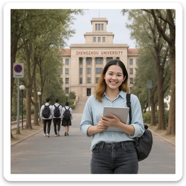 Add the Zhengzhou University main building in the background, keeping the scene realistic and natural, blending the architecture with the existing campus environment. Maintain a natural and harmonious integration with the current campus scene. sticker