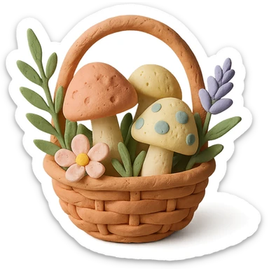 basket full of forest goodies including mushrooms, herbs, flowers in soft pastel colors, claymation style sticker