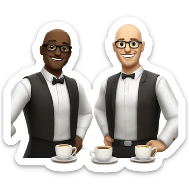 caffe bar hik and a semi bald waiter with glasses greeting you sith a large smile sticker
