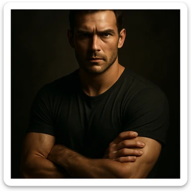 cinematic 4K image of a man with intense yet calm expression, protective stance, masculine energy, hyper realistic, dramatic lighting sticker