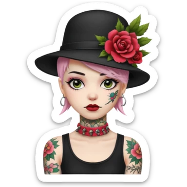 Punk woman with hat and floral arm tattoo sticker