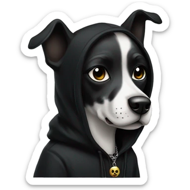 A goth dog in a hoodie with black makeup and jewelry sticker