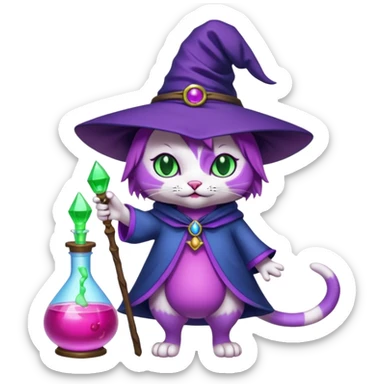 Purple witch cat full body with pink potion and blue potion  sticker