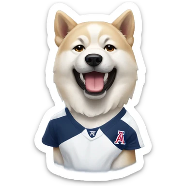 White Akita inu wearing a university of Arizona t shirt sticker