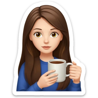  white long brunette hair girl with hazel eyes reading with a mug sticker