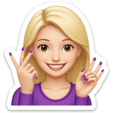 a girl with a big smile, showing off her new nail with her hand near her face sticker